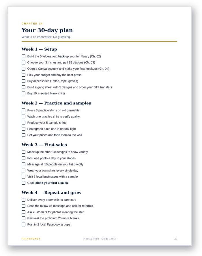 30-day step-by-step plan from the Press & Profit playbook