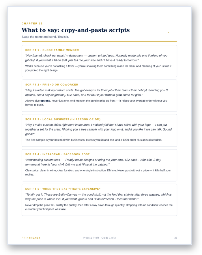 Copy-and-paste sales scripts from the Press & Profit playbook