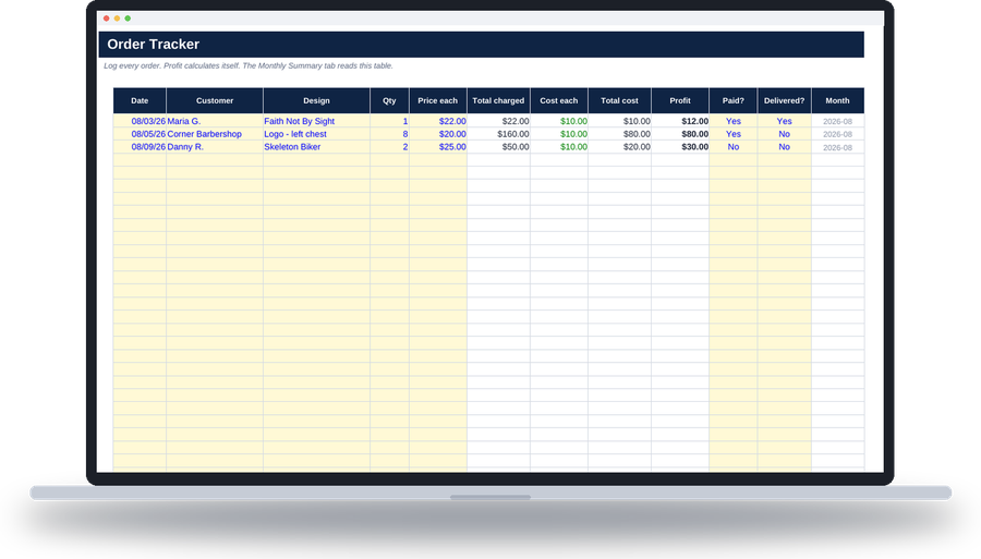 Profit Calculator order tracker logging every sale