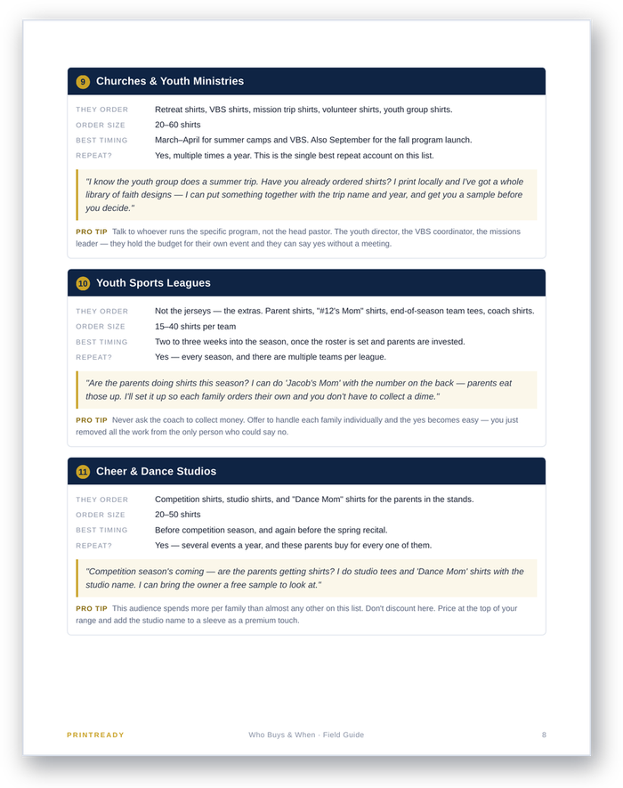 Buyer profile cards with scripts for each type of local customer