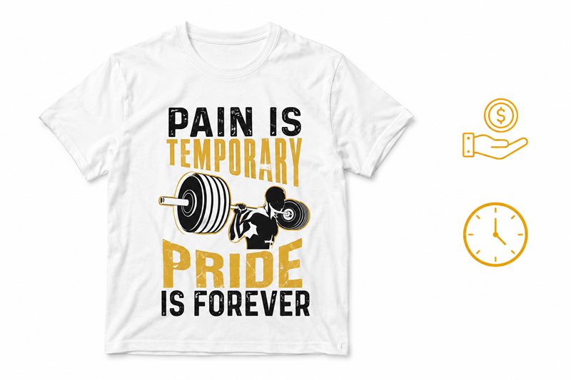 White t-shirt with a bold gym-themed design next to icons for money saved and time saved