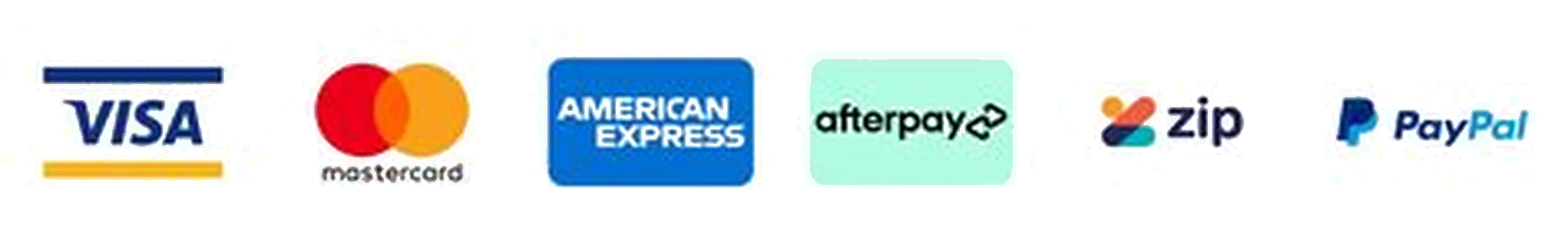 Visa, Mastercard, American Express, Afterpay, Zip, PayPal