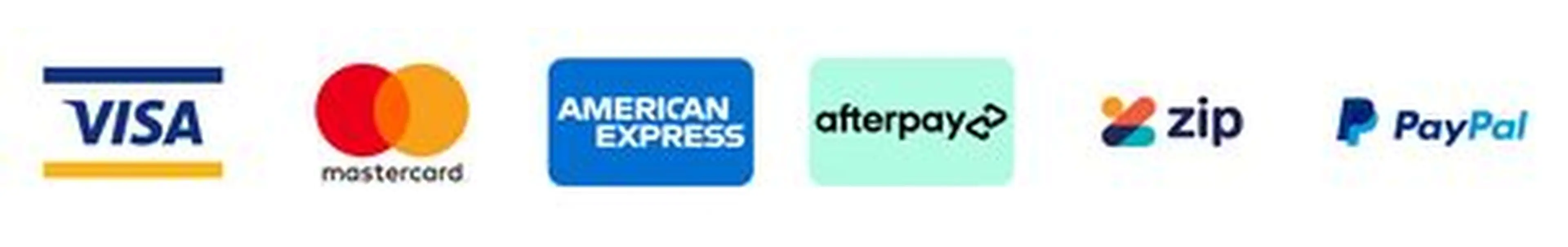 Visa, Mastercard, American Express, Afterpay, Zip, PayPal